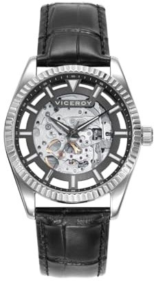 Viceroy 42445-17, Reloj Hombre Chic, Estilo Deportivo, Caja Acero, Esfera Gris Transparente, Correa de Piel Negra, Sumergible 100m