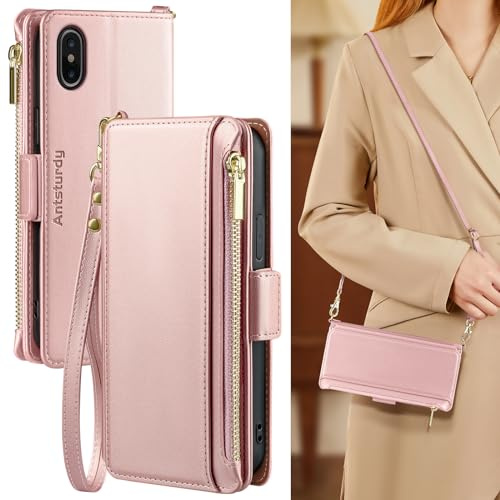 Antsturdy Crossbody Phone Wallet Case for iPhone Xs Max,Rose Gold | RFID Blocking,PU Leather Flip Cover,Kickstand,with Credit Card Holder,Wrist Strap Lanyard & Handbag Purse,for Women & Men