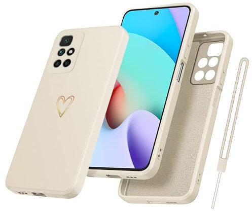 Yichxu Handyhülle für Xiaomi Redmi 10 /Redmi 10 2022 Hülle mit Band Kette Herz Love Silikon Weich TPU Stoßfeste Schutz Bumper Case Ultra Dünn Kratzfeste Schutzhülle für Xiaomi Redmi 10, Beige