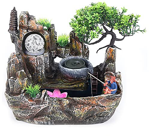HarBin-Star Zimmerbrunnen mit LED Beleuchtung, Tischbrunnen Wasserfall, GartenAquariumHarz Desktop-Brunnen, Zimmerbrunnen mit Pflanzen 30 x 18 x 26cm