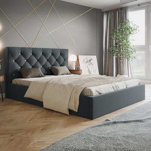 MOTIVENA Crystal Polsterbett 180x200 Grau, Polsterbett 180x200 Samt, Polsterbett 180x200 mit Bettkasten, Polsterbett 180x200 mit Stauraum, mit Lattenrost, mit Kopfteil, ohne Matratze, Anthrazit