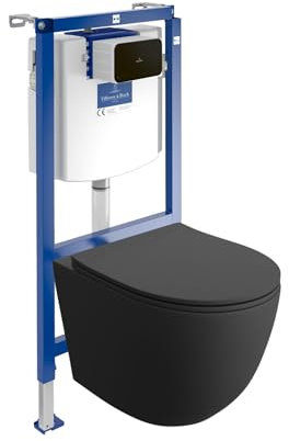 Lavita ViConnect H112 Vorwandelement Unterputz WC mit Bedienplatte + Wand Hänge Tiefspül WC Sinto Schwarz Spülrandlos + WC Sitz Komplettset Unterputz Spülkasten Toilette Komplett Sett WC