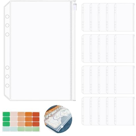 YIWONFU 20 Stück A5 Binder Taschen, 6 Löcher Durchsichtige PVC Bindertaschen mit 1 Klebeetiketten, Reißverschluss Lose Blätter Taschen für A5 Notebook-Binder Dokumente Notizbücher Karten