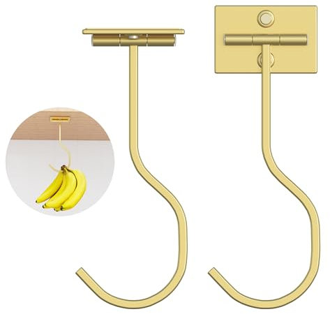 saffruff 2er-Pack selbstklebende Bananenhaken, zusammenklappbar mit Magneten bei Nichtgebrauch, Bananenaufhänger aus Metall, Haken unter dem Schrank für Bananen oder andere Küchenutensilien,Gold
