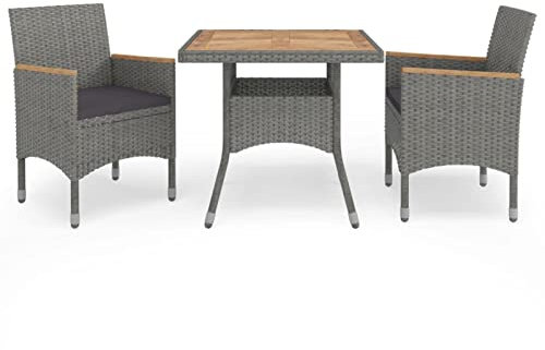 LAPOOH 3-TLG. Garten-Essgruppe Grau Poly Rattan und Akazienholz, Esstisch Mit Stühlen Set, Gartenmöbel Sitzgruppe, Balkon Möbel, Gartenlounge Set, Terrassenmöbel, Balkonmöbel Set - 3058317