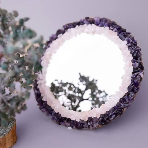 Indian Cottage Art and Crafts Kosmetikspiegel, rund, Marmor, Rosenquarz und Amethyst, 61 x 61 cm