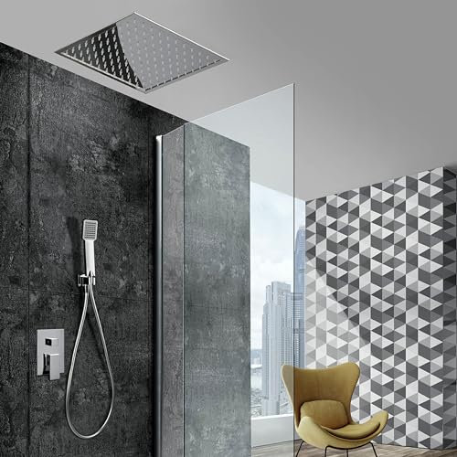IMEX - Ducha Empotrada Techo Monomando Cromada | Kit de Grifería Empotrado con Alcachofa y Rociador Antical Efecto Lluvia | Columna Ducha Empotrada con Grifo en Latón y Acero Inox S.304 | Serie Volga
