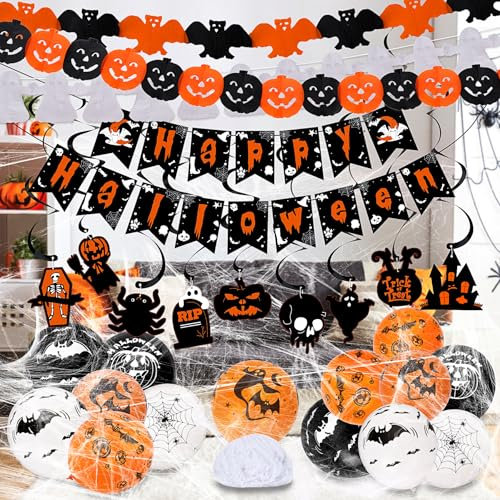 Kit Riutilizzabile di Decorazioni per Feste di Halloween - Striscione, Ghirlanda, Pendenti, 14 Palloncini, Ragnatela da 60g