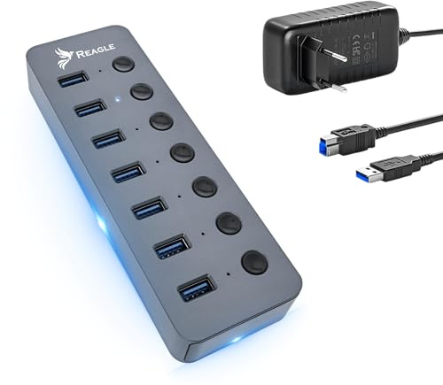 Reagle USB 3.2 Gen 1 Hub Mit 7 USB-A Ports, Aktiver USB Verteiler Mit 24W Netzteil, Einzelne EIN/Aus Schalter, 5 Gbps SuperSpeed, Aluminium Gehäuse, Plug & Play Für Laptop, PC Und Mac
