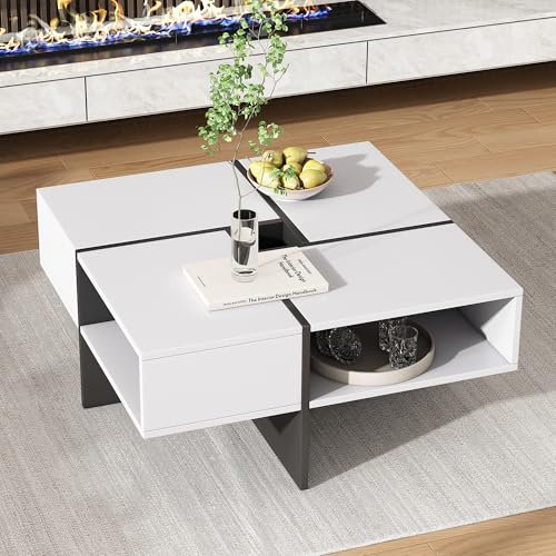 ModernLuxe Square Coffee Table with 5 Open Storage Space, Stylish High Gloss Side Table, Creative Colours and Line Patterns, Center Tables for Living Room and Office, White, 70x70x35cm