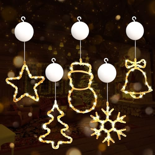 Gresonic LED Christmas Window lights, Hanging Warm White Lighted Battery Operated with Suction Cups for Indooe Balcony, Party, Wedding Holiday Decoration (star+bell+snowflake+snowman+tree, 5pcs)