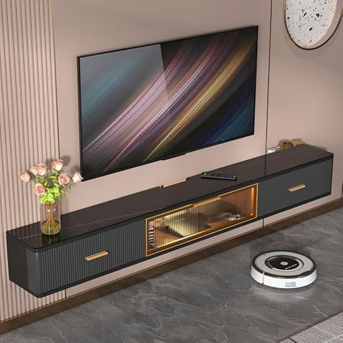 USFJATI Wall Mounted TV Stand with LED Light, floating shelves for wall under tv, small floating tv stand, Farmhouse Wooden Floating Tv Cabinet, for Living Room, Bedroom(Black,160 * 25 * 24.6cm)
