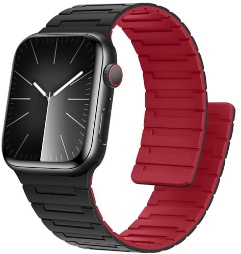Bisikor Compatibile con Cinturino Apple Watch 42mm 41mm 40mm 38mm Cinturino Magnetico in Silicone Sportivo per iWatch Ultra2 SE Serie 10 9 8 7 6 5 4 3 2 1 (Nero/Rosso)