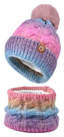 SZETOSY 2-in-1-Strickmütze, Kreis-Schal, Set, Damen, Wintermütze, Bommel mit Fleece-Innenfutter, Beanie-Mütze, warmer Strickkragen für den Alltag, Zuhause, Büro, Schule, Wandern, Outdoor-Sport,