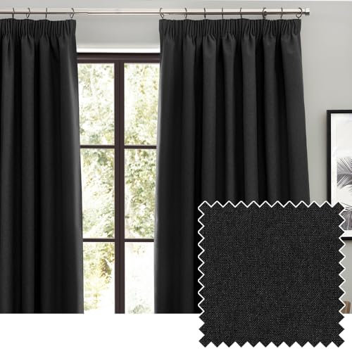 furn. Dawn Textured Blackout Pencil Pleat Curtains – Thermal Lined Pair (Black - Width 168 x Drop 137cm)