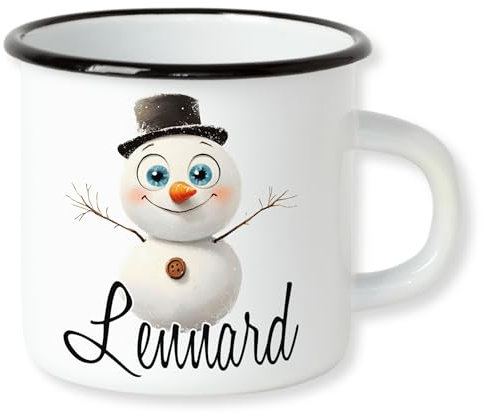 GRAZDesign Weihnachtstasse Schneemann Tasse mit Namen personalisiert Emaille Bruchsicher für Kinder 250ml
