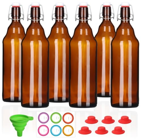 Miukada 6 Pack 32 oz Amber Swing Top Bottles, Flip Top Glass Beer Bottle with Airtight Lid for Home Brewing and Wine, Mead, Fermentation, Beverages, Kombucha