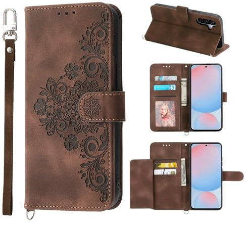 Auslbin Hülle für Samsung Galaxy A56 5G 6.7 5 Kartenschlitzen Handyhülle Vintage -Stil Blume PU Leder Flip Schutzhülle Mobile Brieftasche, Braun
