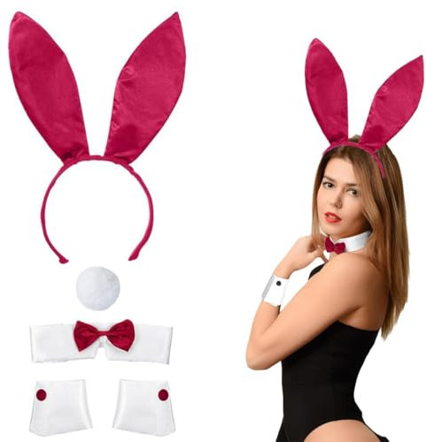 KSJEHW 5 Pièces Ensemble Déguisement de Lapin Serre-tête d`oreille de lapin+Cravate en forme de nœud papillon+Queue en Peluche Costume Enfant Adulte pour Cosplay Fête Carnaval Anniversaire(rouge)