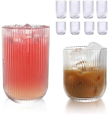 WeirdUncle Set mit 8 gerippten Glaswaren, 4 Highball-Gläser 410 ml & 4 Rocks Trinkgläser 270 ml, klar, Origami-Stil, geriffeltes Design, für Milch, Wasser, Cocktail, Saft, Bier, Zahnbürstenbecher