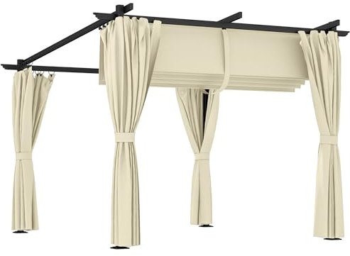 Outsunny 3 x 3(m) Metal Pergola with Retractable Roof and Sidewalls, Garden Gazebo UPF30+ Sun Shade Shelter for Outdoor, Patio, Deck, Beige