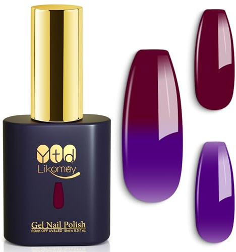 YTD Likomey Color Changing Gel Nail Polish,Thermal 15ml Dual-Tone Purple to Burgundy Temperature Mood Ombre Gradient UV Nail Gel,WB502