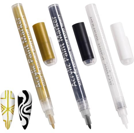 Azushwer 3 Pcs Nail Art Pens, Acrylic Nail Drawing Graffiti Pens, Fine Point Nail Polish Pen with Quick Dry Formula for Dot and Line Art, (Black, White, Yellow)