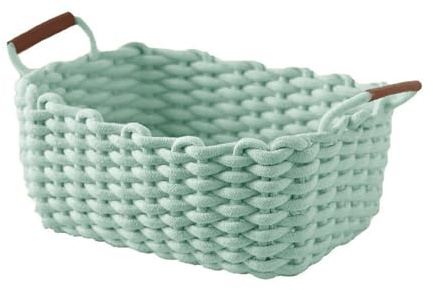Icegrey Cotton Rope Baskets with Handles, Decorative Natural Rectangle Storage Baskets Organizers for Nursery, Baby Room, Bedroom, Living Room, Green, Medium