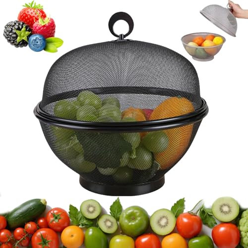 WEIWOGU Large Capacity Mesh Fruit Basket with Lid, Double-Layer Thickened Fruit Fly Proof Fruits Bowl, Food Grade Stackable Metal Mesh Bowl, Keep Freshness Frui t Vegetable Storage (Black)