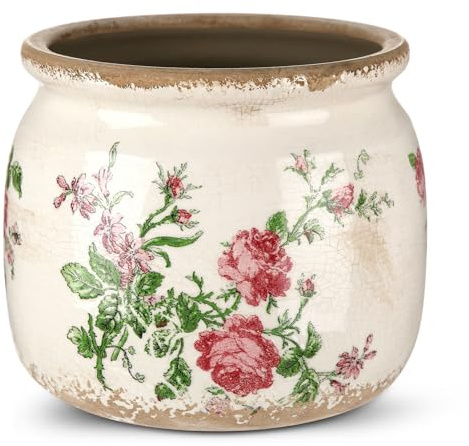 Ninehaoou Vintage Planter Large Ceramic Plants Pot Beige Pink French Rose Ice Crack Cottage Scroll Vase Flower Vase Pot Indoor Plants Home Kitchen Decor Farmhouse Antique Decorative Gifts