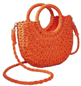 Ymnilian Sac Paille, Sac Paille Femme Sac à Main de Plage en Demi-Lune en rotin de Paille tissé à la Main, Grande capacité, Sac à bandoulière ajouré for Femme(Orange)