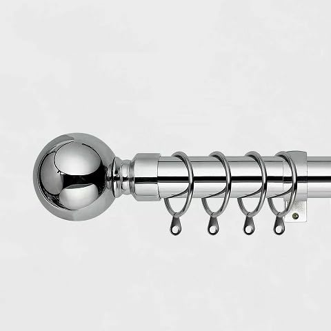 Extendable 25-28mm Metal Curtain Pole Set With Plain Ball Finials Rings Brackets (Polished Chrome, 120-210cm)