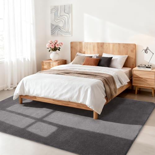 Wohnzimmerteppich, Kurzflor Teppiche Wohnzimmer Deko Flauschiger Weich Waschbarer & Anti-Rutsch Modern Einfarbiges Teppich für Schlafzimmer, Kinderzimmer, Bettvorleger Matte, 200x280cm, Dunkelgrau