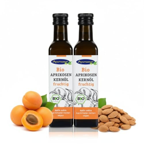 Ayursana Aprikosenkernöl Bio 2x250 ml, kaltgepresst, ungefiltert, vegan | Rohkost-Qualität, ideal zum Kochen, Gourmet-Küche, Naturkosmetik, Haut, Haarpflege, Massageöl, Speiseöl, Pflanzenöl