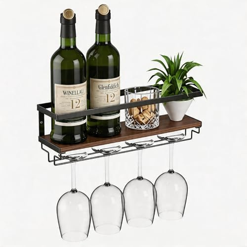 B4Life Wine Glass Holder Wall Mounted, Hanging Wine Glass Rack for Wine Bottles, Bar Shelf Wall Mounted with Stemware Hanger, Bar Glass Holder for Dining Room Home Kitchen
