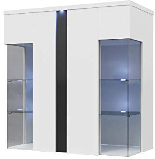 Mirjan24 Hängevitrine Marokko 90/110 MR05, Vitrinenschrank, Dekorative Vitrine, Glasvitrine, Stauraumvitrine Hochschrank, Wohnzimmer Highboard Schrank (Weiß/Weiß Hochglanz + Schwarz Hochglanz)