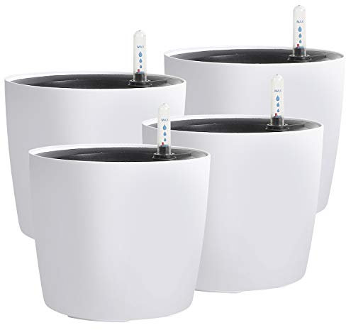 KINJOEK Selbstbewässernder Pflanzkübel mit Wasserstandsanzeige, moderner Garten, dekorativer weißer Blumentopf für Zimmerpflanzen, Blumen, afrikanische Veilchen, Sukkulenten, Weiß, 4 Packungen