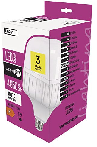 EMOS LED Lampe Classic T140, 44,5W Ersatz für 270W Glühbirne, E27 Sockel, Helligkeit 4850 lm, Neutralweiß 4000 K, 30000 h Leuchtdauer, CRI min. 80, 200° Abstrahlwinkel, Extra groß