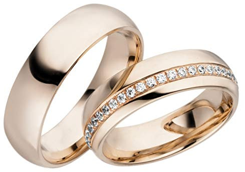 JC Trauringe Silber 925 Paarpreis Eheringe Rotgold Plattiert I Verlobungsringe breit 6,0 mm I Partnerringe mit Gravur in edler Schatulle I 2 Hochzeitsringe Herrenring & Damenring mit Steinen I LC120-P