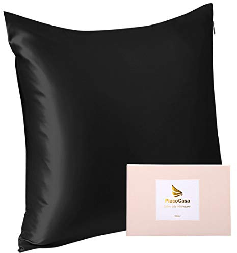 PiccoCasa Seide Kissenbezug 80x80 Kissenbezug aus 100% Seide 22 Momme kopfkissenbezug Haare und Hautpflege mit Reißverschluss & Geschenkbox Schwarz 80x80cm