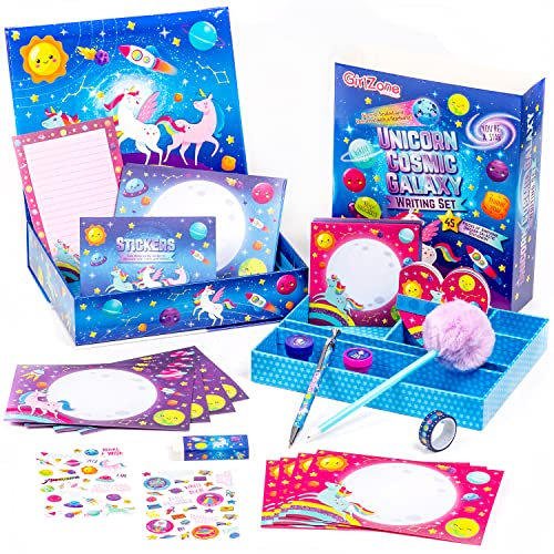 GirlZone Geschenke für Mädchen Einhorn Briefpapier Cosmic Galaxy Schreibset, mit Karten, Aufklebern, Stempeln Originelle Geschenk Kinder von 10 Jahren Writing Set
