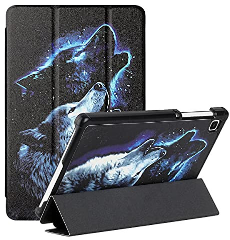 LMFULM® Hülle für Samsung Galaxy Tab A7 Lite SM-T220 / T225 (8,4 Zoll) PU Lederhülle Smart Case mit Ständer Schutzhülle Flip Cover Seidendruck Wolf bei Nacht