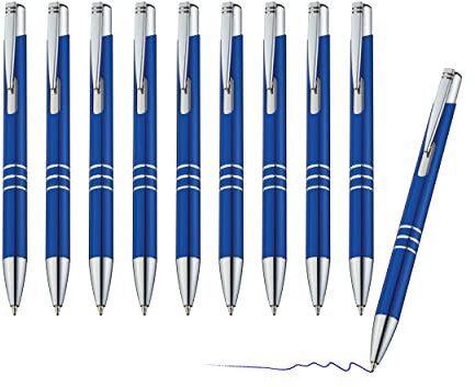 sin4sey 10er Set Metall-Kugelschreiber mit Zierringen - blau schreibend, Druckmechanismus, in trendigen Farben (Blau)