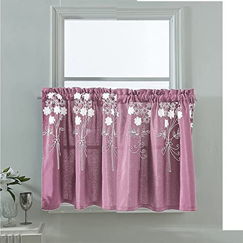 A.Monamour Gardine Scheibengardinen Kurzstores Stickerei Stoff mit Blumen Blickdicht Rosa Kurzvorhang Kurzgardinen Küchengardine Küchenvorhang Volants Küche Fenster Kurz Vorhang Bistrogardine
