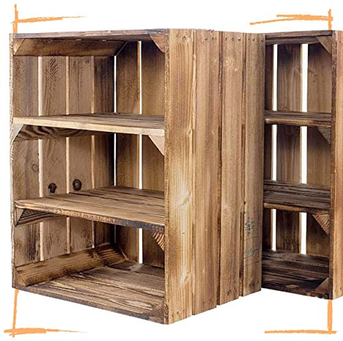 Regalkisten mit 3 Fächern flambiert - Neue Holzkiste als Wandregal Küchenregal Badregal Gewürzregal Regal Kistenregal Obstkistenregal - rustikale Obstkiste 50x40x30cm (3)