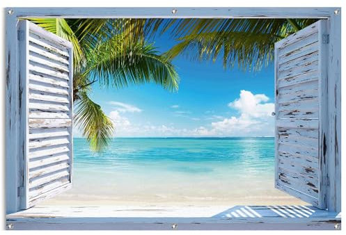 REINDERS Gartendeko, Strandfenster, Garten, Bilder, Wanddeko, Room Decor, Leinwand, Blau, 80x120cm