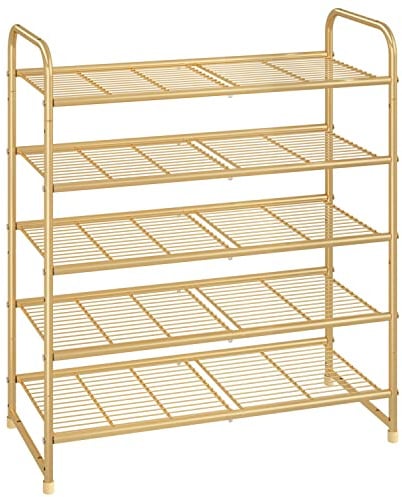 Simple Trending 5-stöckiges stapelbares Schuhregal, erweiterbar und verstellbar, Schuh-Organizer, Aufbewahrungsregal, Drahtgitter, Goldgelb