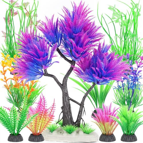Borlech Aquarium Plastic Plants Artificial Decorations, Medium Fish Tank Fake Tree Plant Decor Ornaments Accessories (Purple)