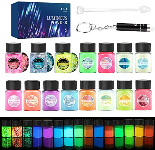 Pigmentpulver, leuchtet im Dunkeln, 15 Gläser – 12 Farben leuchtende Pigmente und 3 Farben leuchtende Flocken mit UV-Lampe – Epoxidharz-Leuchtpulver für Schleim-Set, hautfreundlich, nagelsicher,