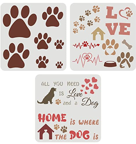 FINGERINSPIRE 3 Pcs Hund Pfote drucken Schablonen 30x30cm Trail of Paw Prints Schablone Love Dog Templates Wiederverwendbare Schablone für Malerei auf Holz Wand Home Decor